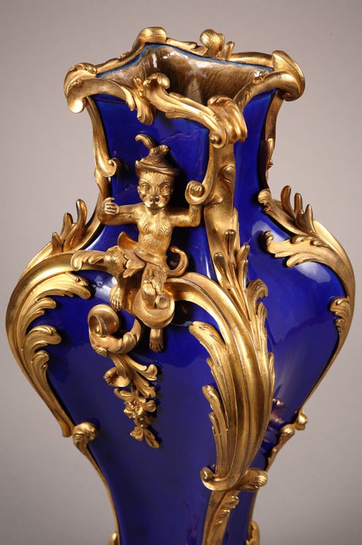 19th Century A pair of Louis XV style ormolu mounted blue porcelain vases For Sale