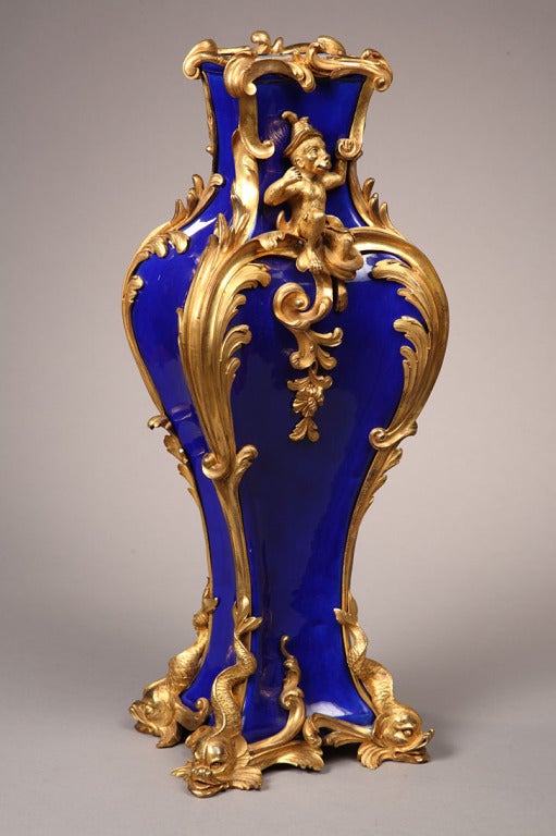 A pair of Louis XV style ormolu mounted blue porcelain vases For Sale 2