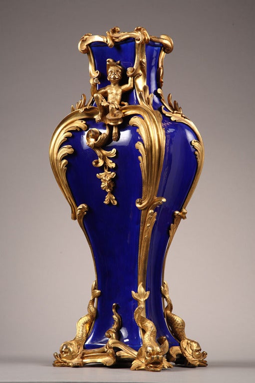 A pair of Louis XV style ormolu mounted blue porcelain vases For Sale 4