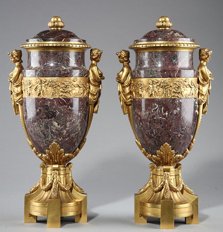 French 19th Century Ormolu Mounted Marble Vases Signed V. Lescur