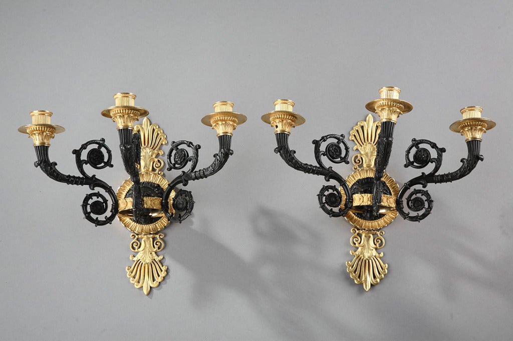 Pair of Early 19th Century French Gilt Bronze Sconces with Lion