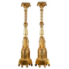 Vintage Large Pair of French Mid 19th Century Gothic Style Gilt Bronze Candelabras