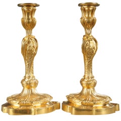Pair of French Gilt Bronze Louis XV Style Candlesticks