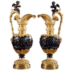 Vintage Napoléon III Pair of Ewers in Bronze and Ormolu with Putti