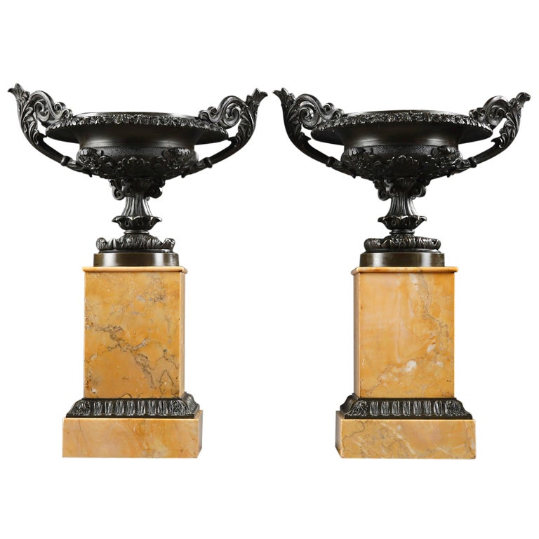 Pair of brown patina bronze cassolettes on Sienna marbre base For Sale