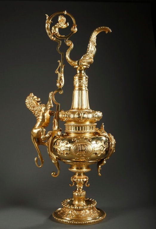 Nineteenth Century Gilt Bronze Pair of Ewers in Renaissance Style
