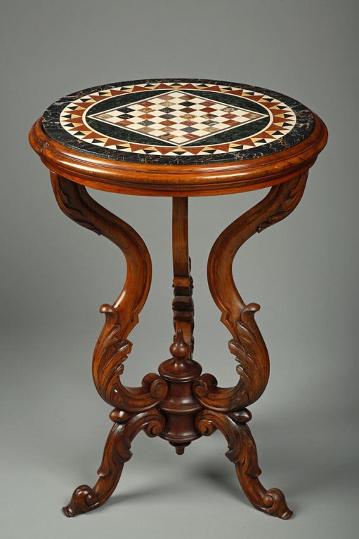 20th Century An Italian top marble inlaid resting on a wood sculpted tripod For Sale