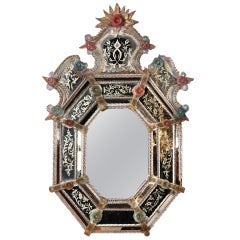 Antique A 19th century Venetian mirror engraved with polychrome flowers