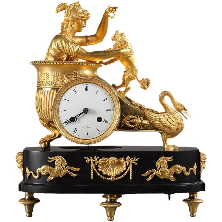 French Empire Mantel Clock In Ormolu And Black Marble Base For Sale