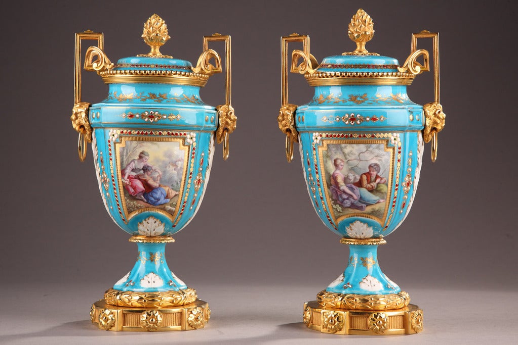 French Pair of English Porcelain Vases and Gilded Bronze Mounts For Sale