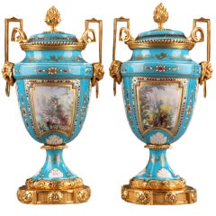 Vintage Pair of English Porcelain Vases and Gilded Bronze Mounts