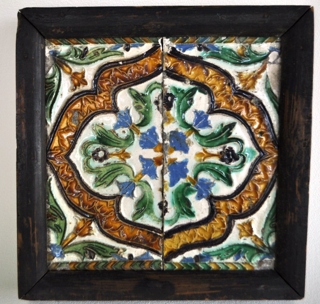 Fantastically vibrant and well conditioned Spanish Cuenca tile c. 1500. Framed.
