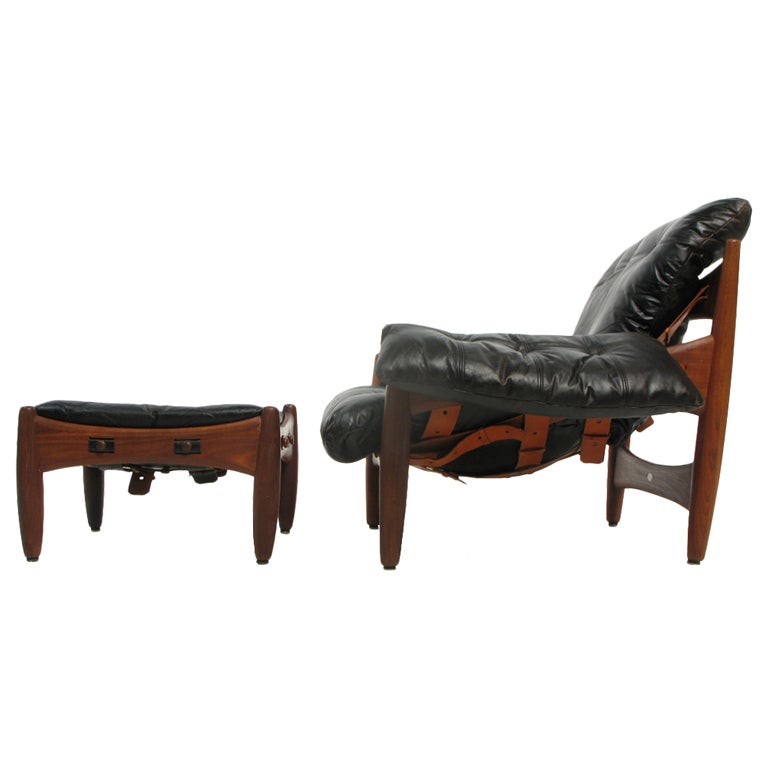 Sergio Rodrigues Walnut and Leather Sheriff Chair with Ottoman For Sale