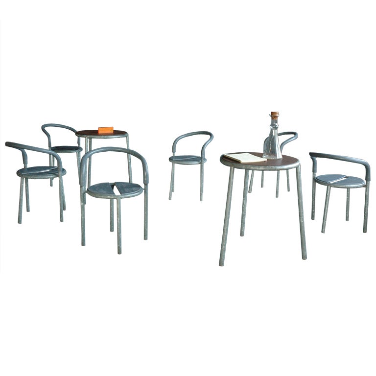 Fritz Hansen Galvanized Steel Pelikan Cafe Table and Chair Set For Sale
