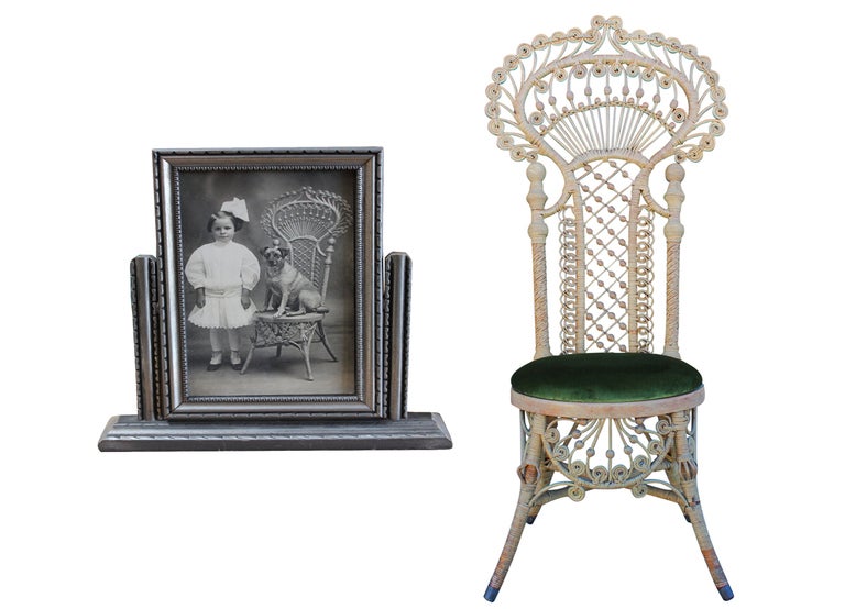 pair of antique victorian wicker chairs with new silk velvet upholstered seats. accompanying vintage photograph with a young girl and her dog seated on one of the chairs.

to view our complete inventory catalogue, please visit us at