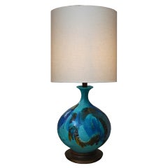 vintage blue pottery lamp