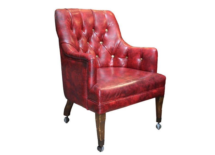 pair of vintage faux leather burgundy side chairs with brass button tufting and casters

to view our complete inventory catalogue, please visit us at www rummagehome com