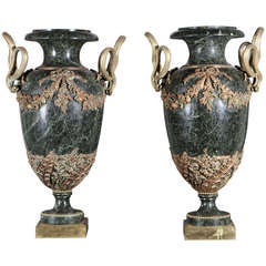 Pair of Large Marble Ornamental Vases on Marble Pedestals, Louis XVI Style