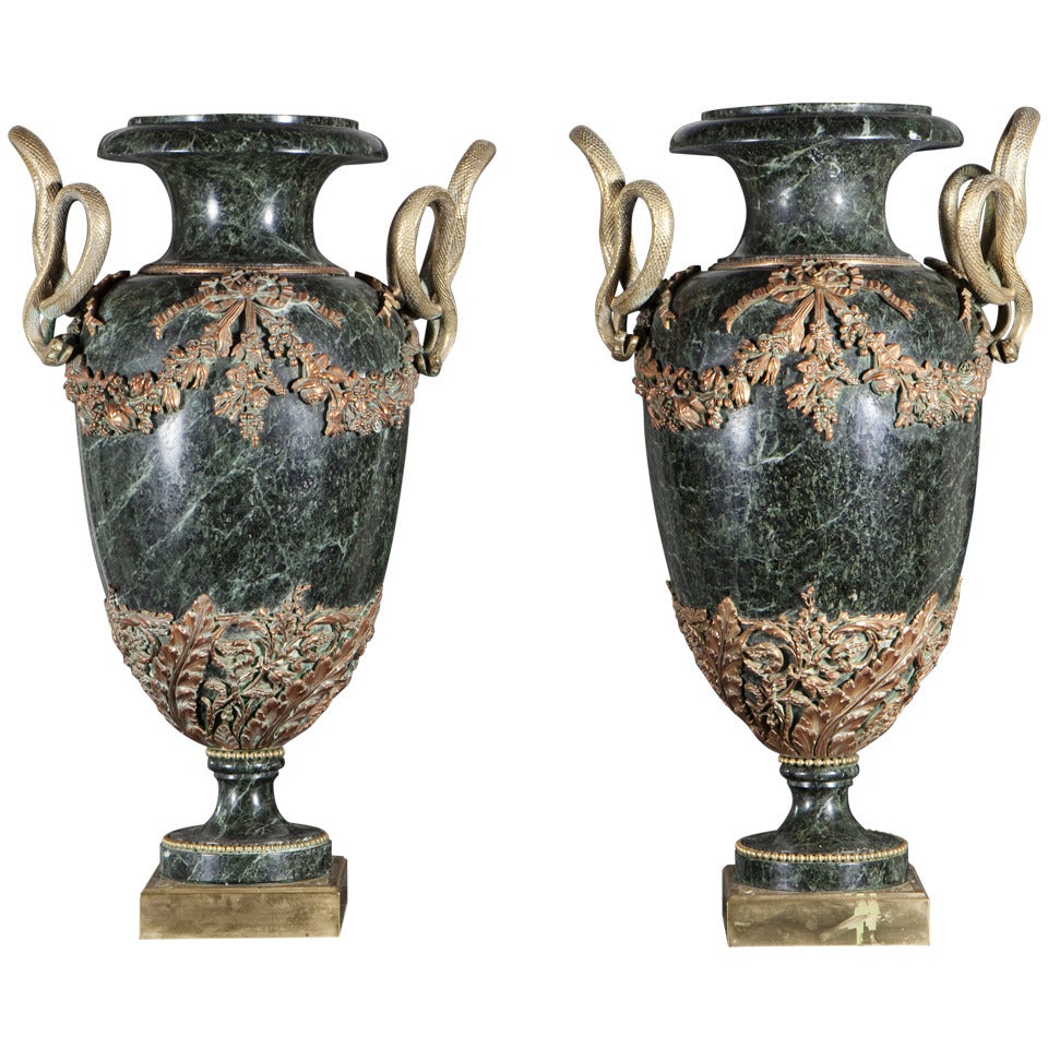 Pair of Large Marble Ornamental Vases on Marble Pedestals, Louis XVI Style For Sale
