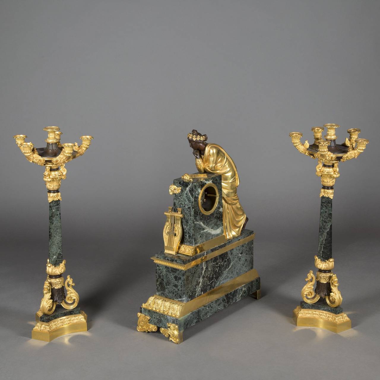 European Bronze Three-Piece Clock Garniture, Late 19th Century For Sale