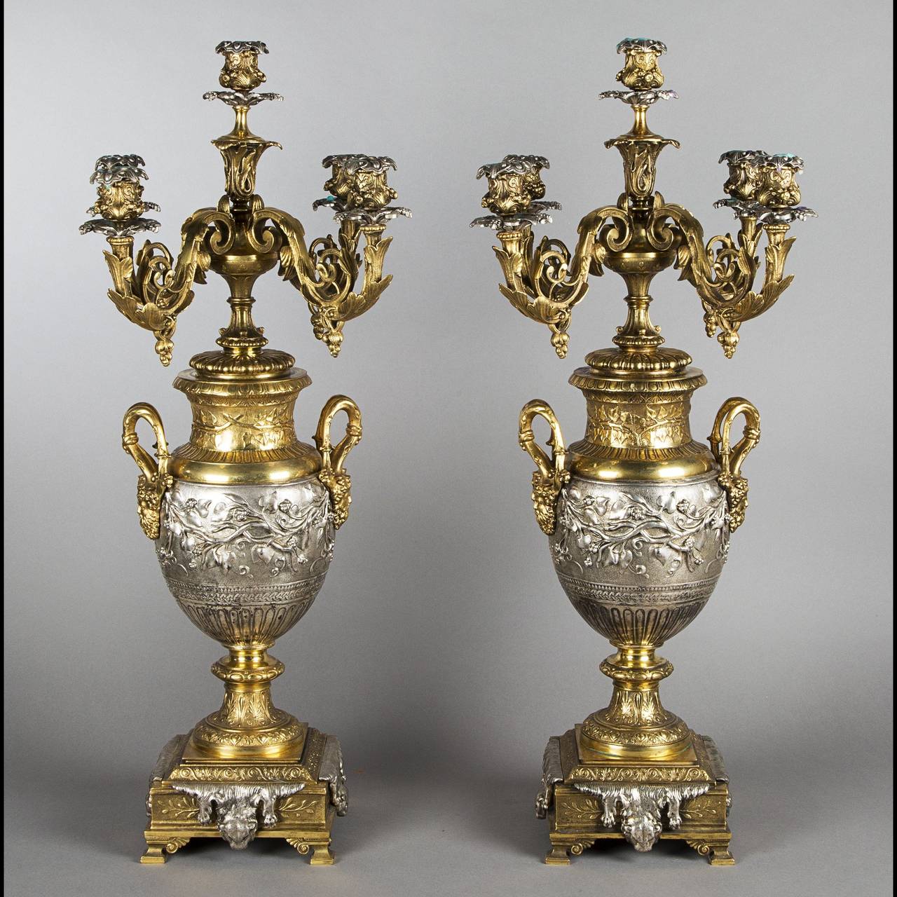 Barbedienne Manner Pair of Bronze Five-Branched Candelabra, circa 1890