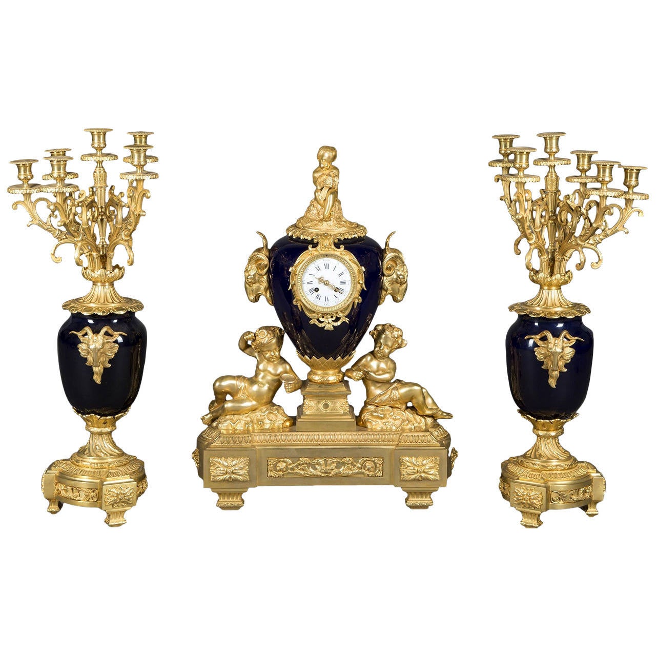 Porcelain and Gilt Bronze Three-Piece Clock Garniture, 19th Century For Sale