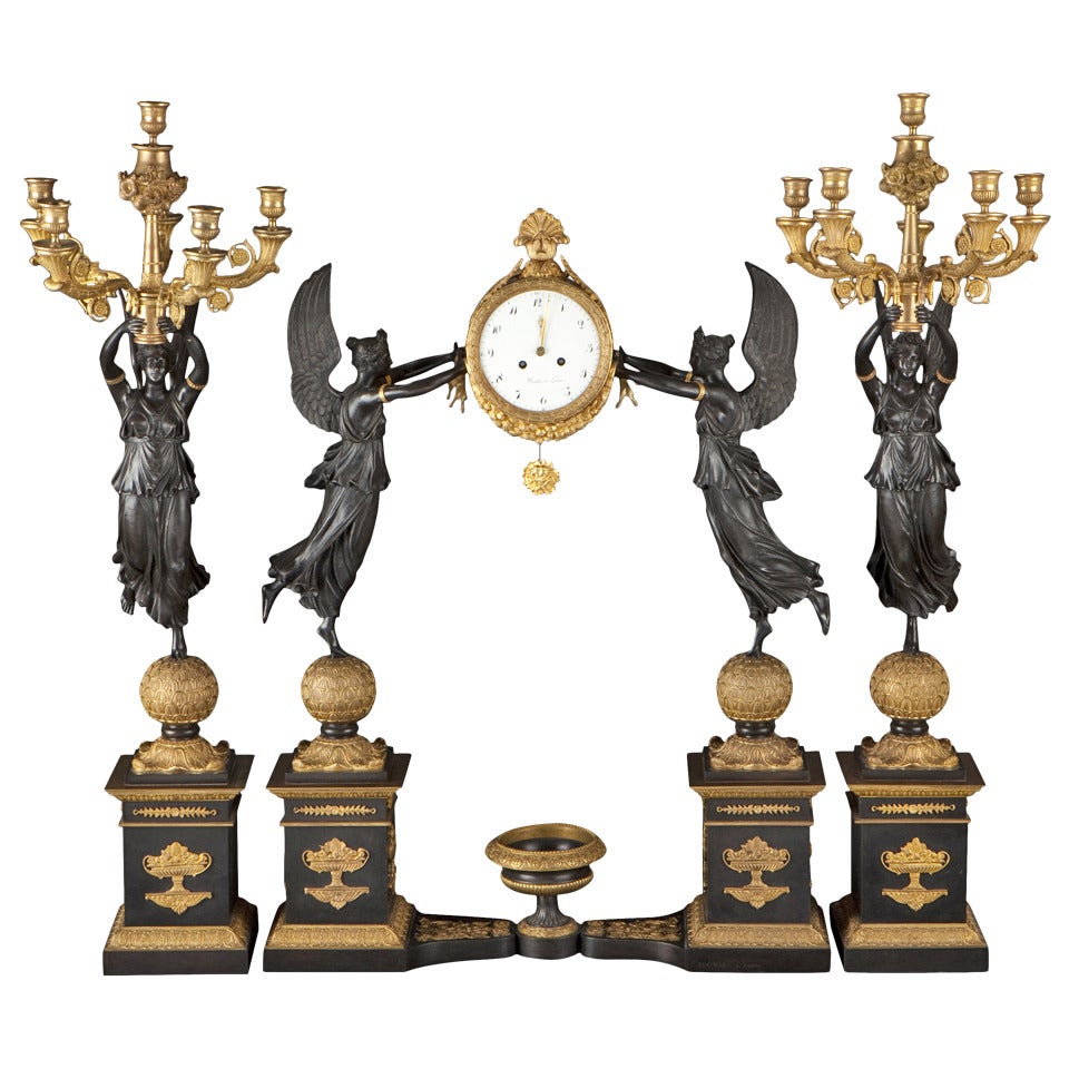 Large Bronze Three-Piece Clock Garniture, Empire Style