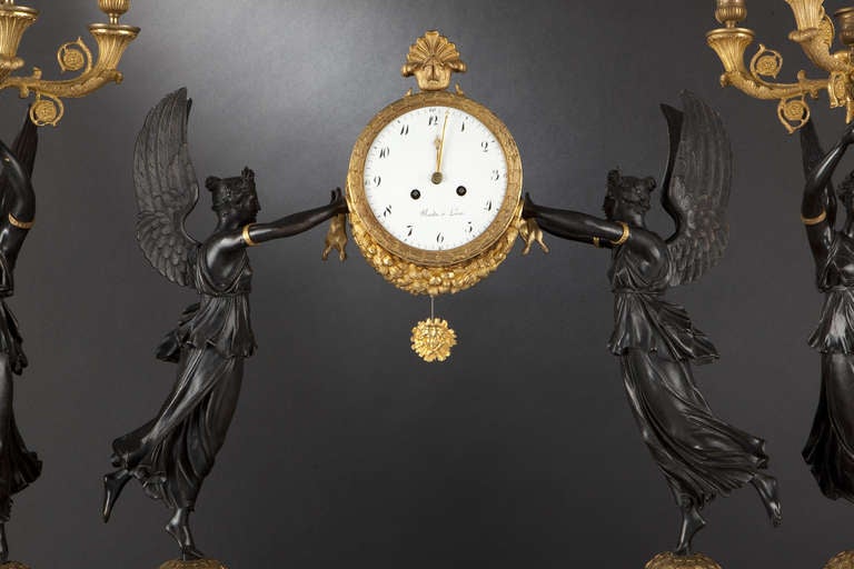 French Large Bronze Three-Piece Clock Garniture, Empire Style