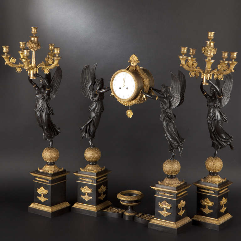 Ormolu Large Bronze Three-Piece Clock Garniture, Empire Style