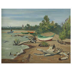 Yves Brayer. Barques et souches au petit Rhône, Camargue, painting