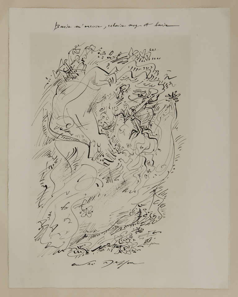 André Masson (1896-1987)

Embracing Couple
Ink drawing, signed lower middle and annotated on upper
Height 50,5 cm (19-3/4 in.) - Width: 40 cm (15-3/4 in.)

Slightly exposed paper