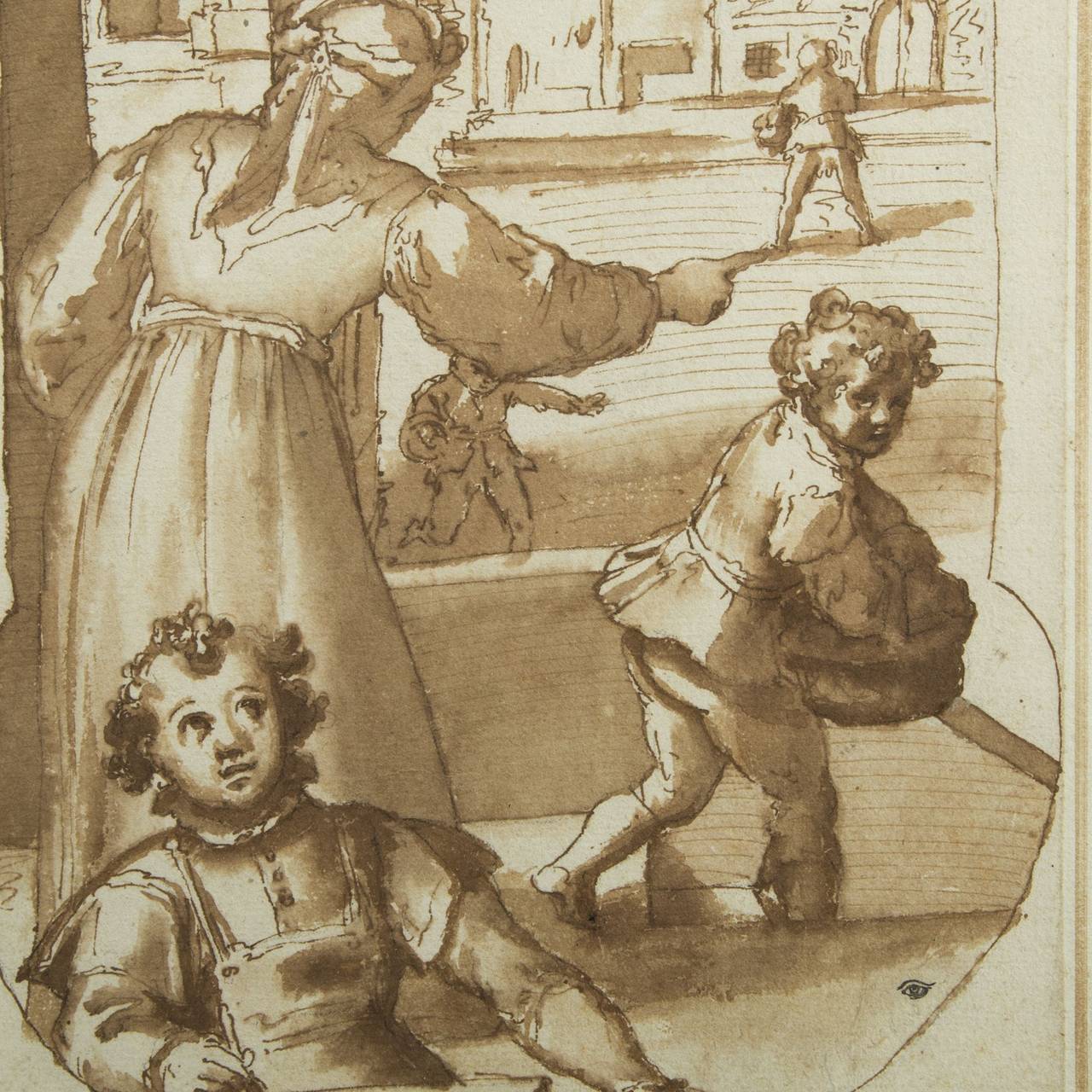 Studio of Federico ZUCCARO (circa 1543-1609)

Childhood Scene of Taddeo Zuccaro

Pen, brown ink, brown wash and black pencil tracing on beige paper. Fully glued on British mounting.

Several collection seals:
- Nathaniel HONE (1718-1784),