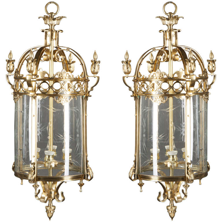 Pair of Gilt Bronze and Glass Lanterns, 20th Century For Sale