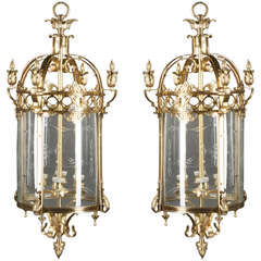 Pair of Gilt Bronze and Glass Lanterns, 20th Century
