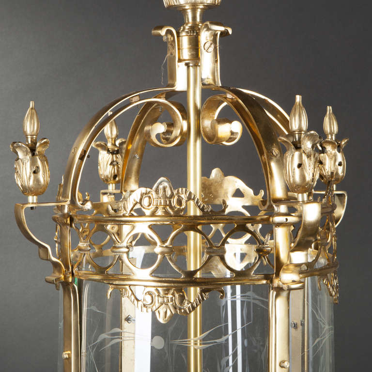 French Pair of Gilt Bronze and Glass Lanterns, 20th Century For Sale