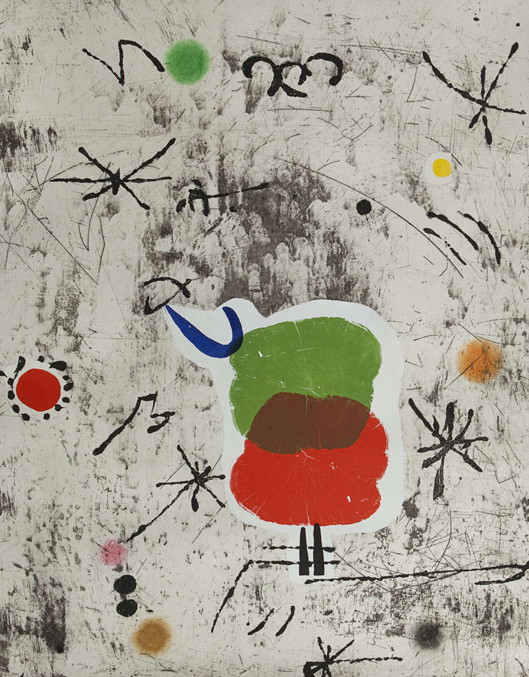 Joan MIRO (1893-1983)
Personatge I y Estel I, 1979
Etching and aquatint on Arches vellum. Color full-page impression.
Proof signed lower right, numbered 14/50
Subject: 63 x 90,5 cm (24-3/4 x 35-1/2 in.).
Rolled sheet, minor crease traces due to
