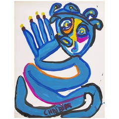 Chaïbia Tallal, "Un Homme Bleu" Gouache on Paper