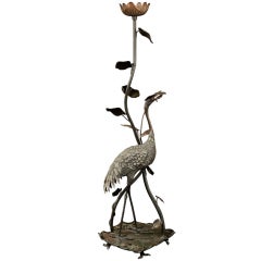 Antique Bronze crane mounted as an oil floor lamp
