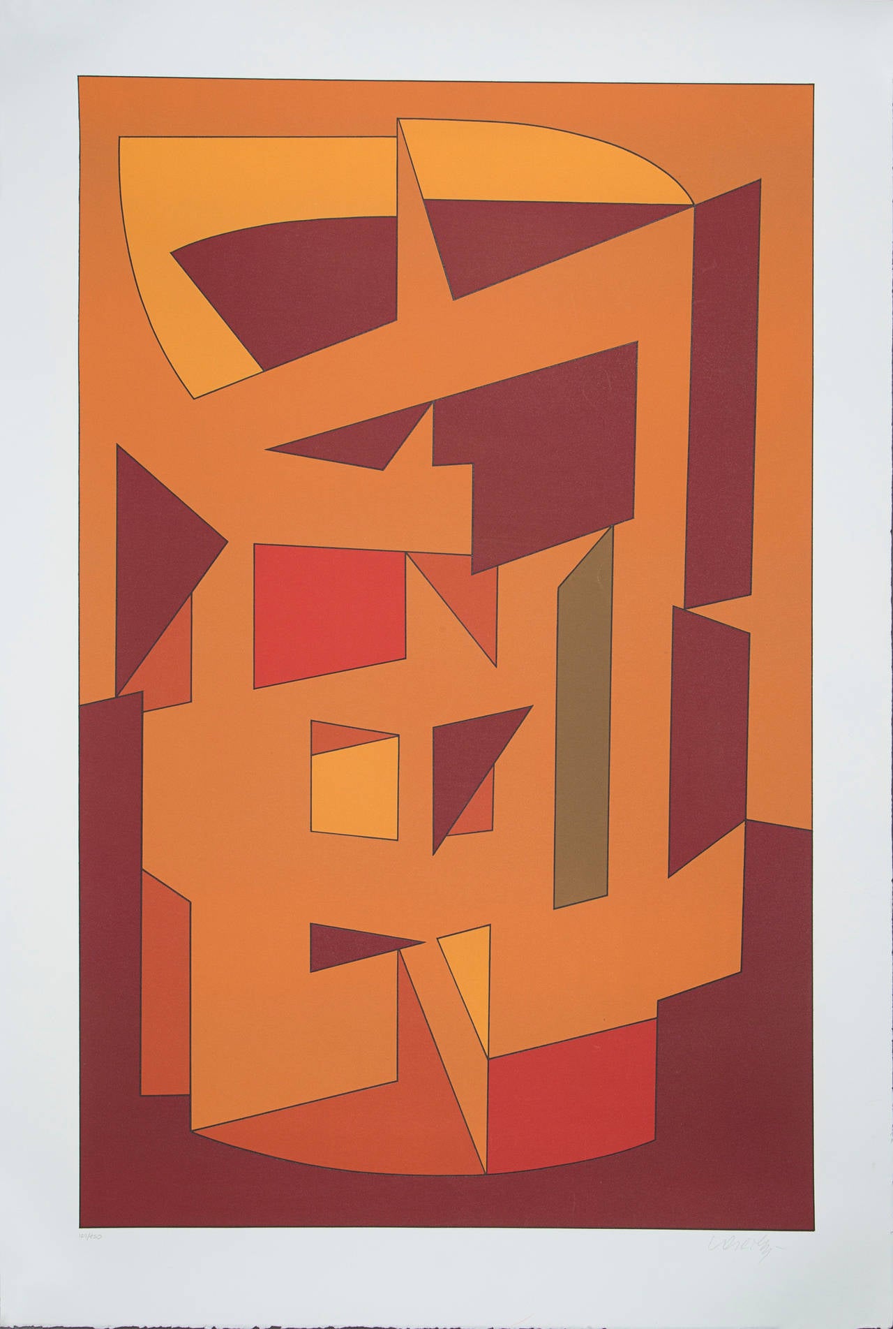 Victor VASARELY (1906-1997) 

Geometric Composition against an Orangish Background Color lithograph, signed with pencil lower right and numbered lower left 109/250.

Subject height 85.5 cm
Subject width 55.5 cm
Leaf height cm 99 cm
Leaf width