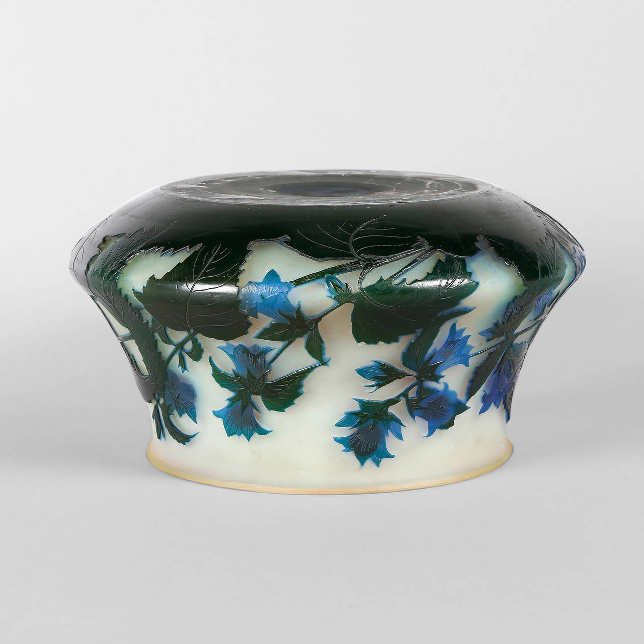 Emile Gallé Double Layered Glass Vase with Blue Bell Flower Decoration.