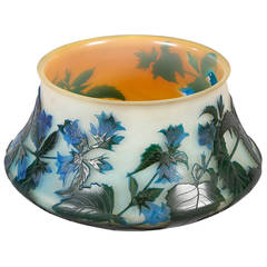 Emile Gallé Double Layered Glass Vase with Blue Bell Flower Decoration.