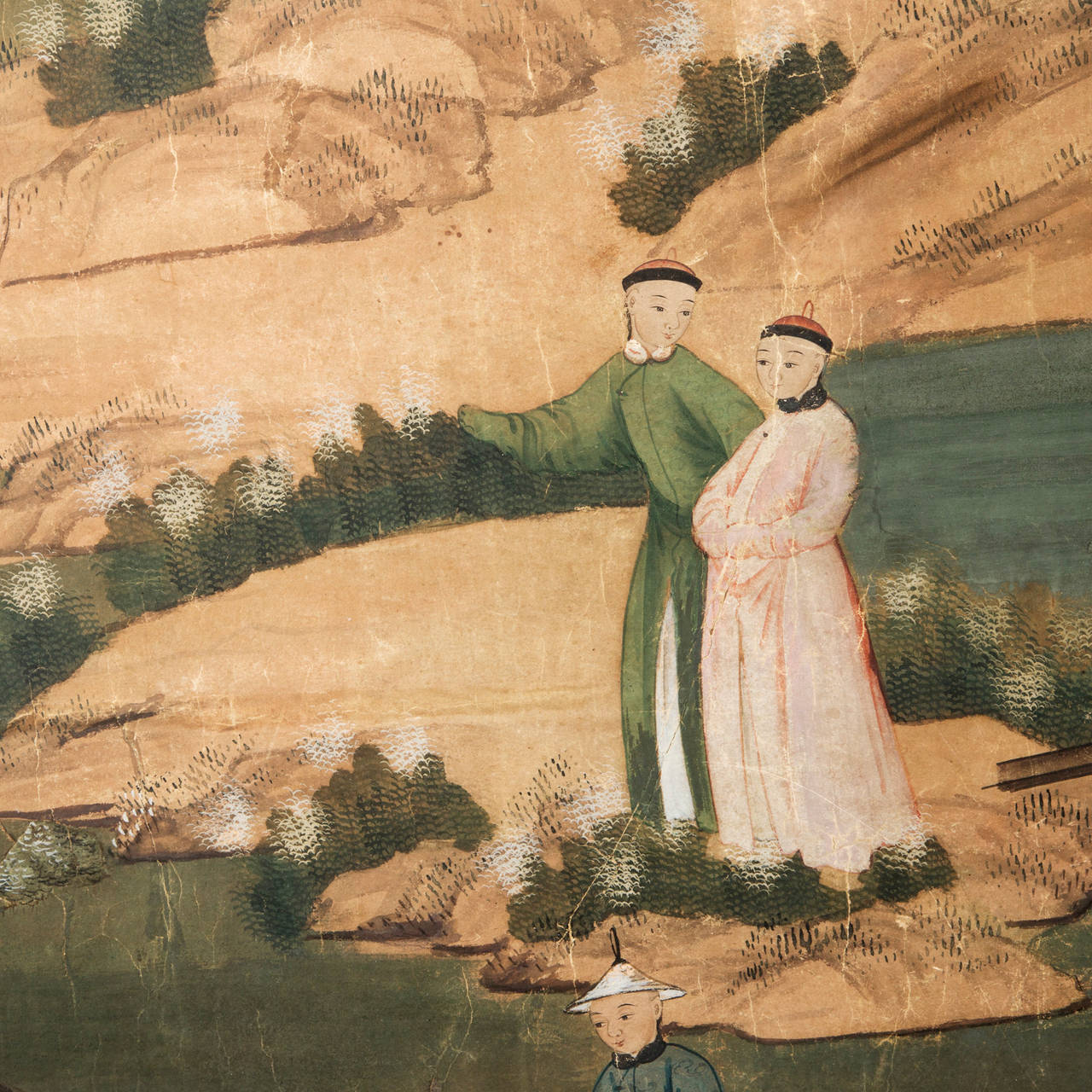 Two wallpaper fragments laid down on canvas, depicting pavilions and figures by a river against a mountainous landscape.

Gouache on paper

China, 18th Century

Height: 84,5 cm (33-1/4 in.) - Width: 180 cm (70-7/8 in.)
Height: 88 cm (34-1/2