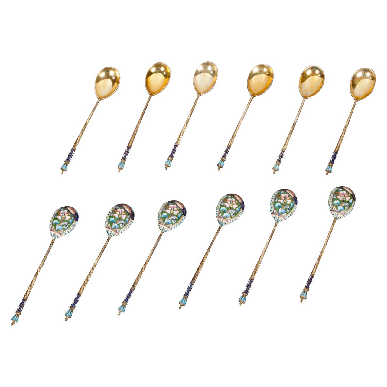Twelve Silver-Gilt and Polychrome Cloisonné Enamel Tea Spoons, Moscow