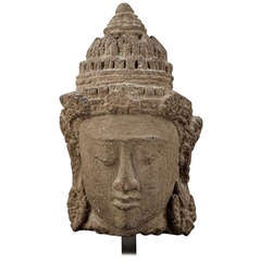 Volcanic Tuff Stone Divinity Head Indonesia 13th-14th Century