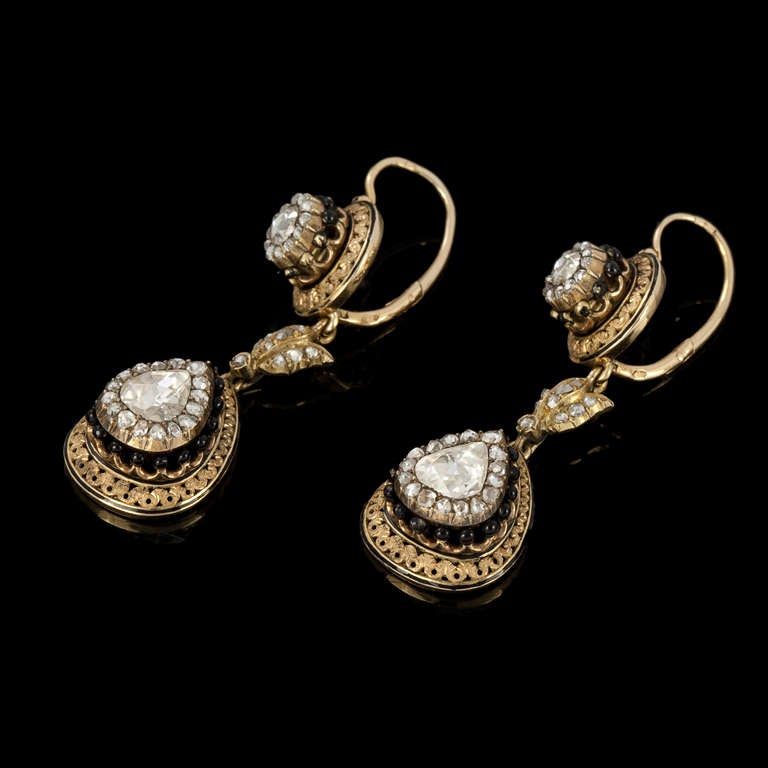 French Pair of Gold and Diamond Pendant Earrings For Sale