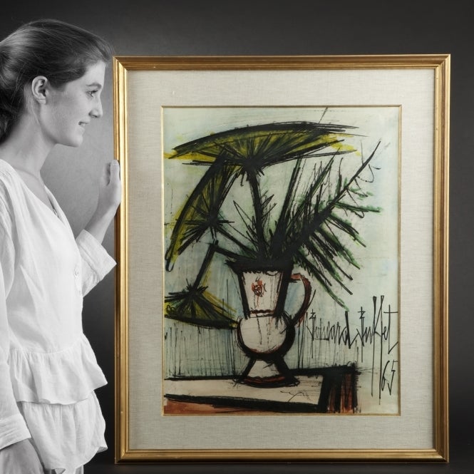Bernard Buffet « Ombelles, Vase Rouge et Blanc, Fond Bleu »