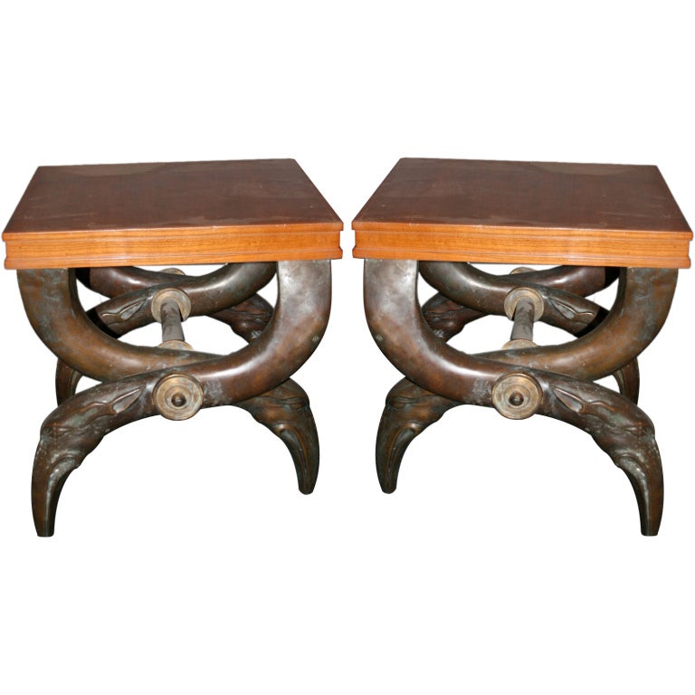 Pair of stools, bronze and pear tree wood, circa 1970, France For Sale