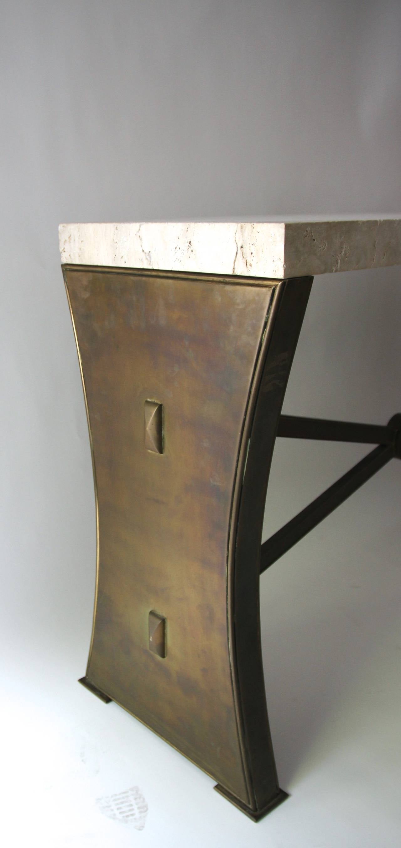Mid-Century Modern Neoclassical Console, Travertine Top and Bronze Foot, circa 1980, Italy