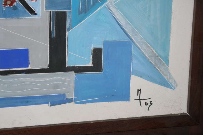 Mid-Century Modern Painting signed M and dated 1963, plaster and collage, circa 1963, France.