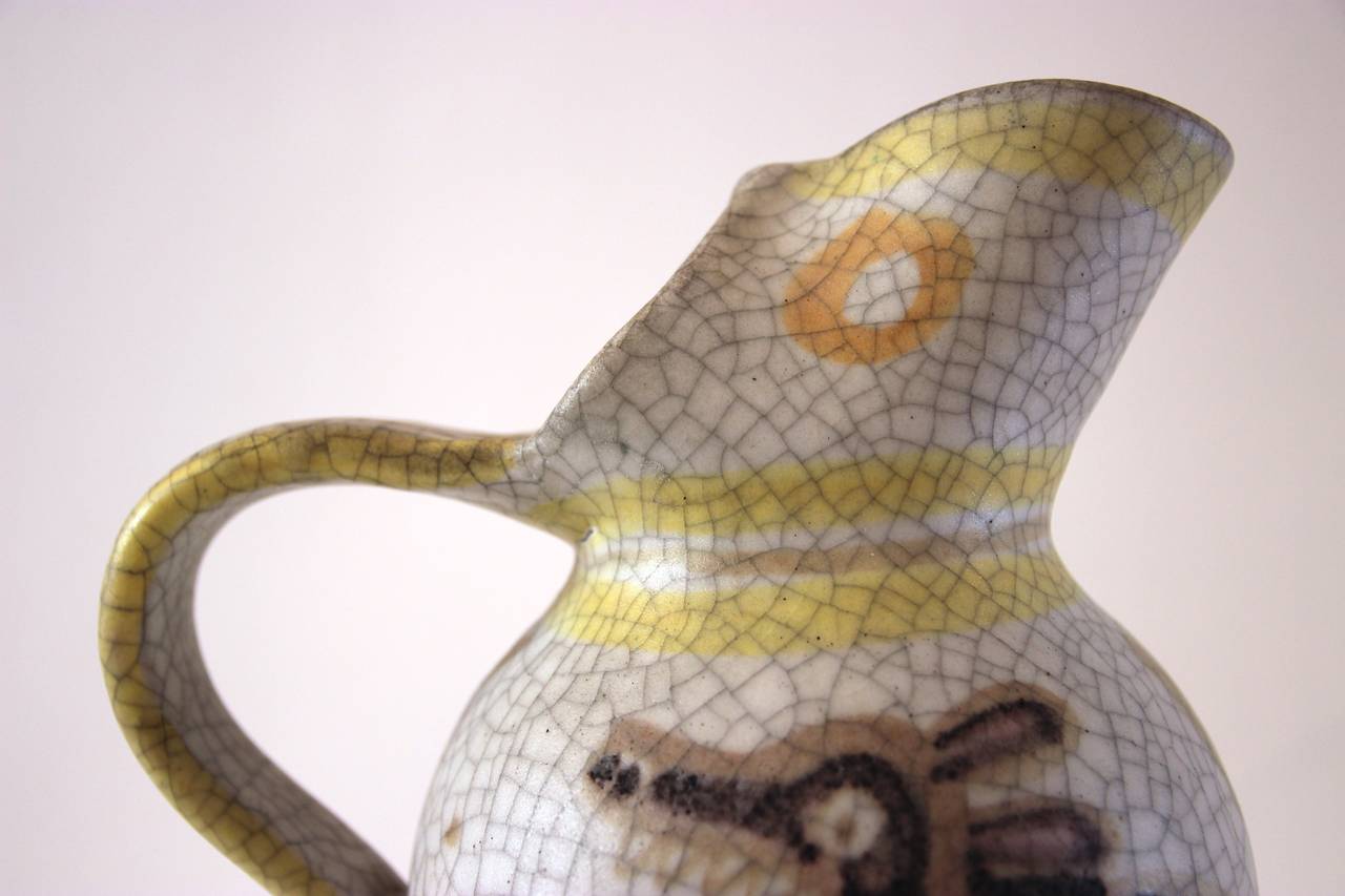 Mid-Century Modern Guido Gambone, Polychrome Earthenware Pitcher, Signed, circa 1960, Italy